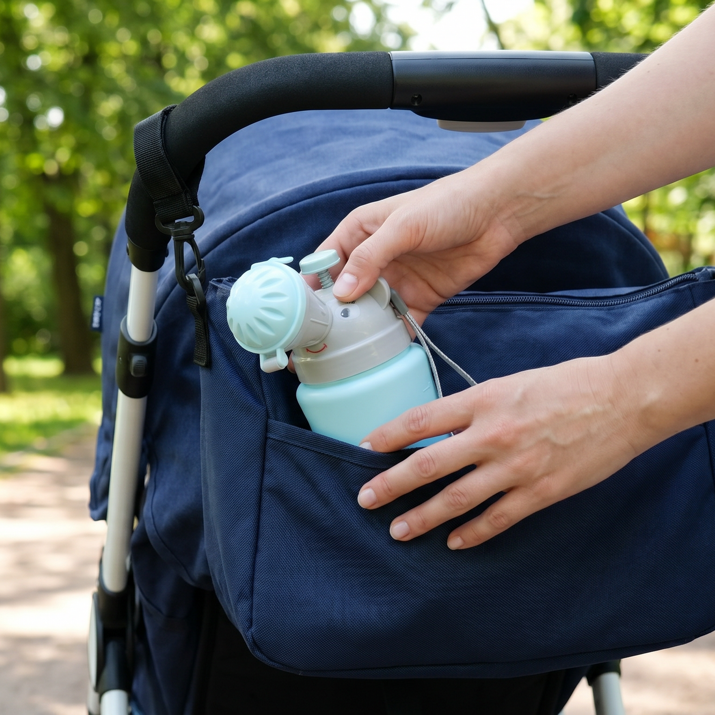 Person placing a blue bottle into a stroller in a park setting